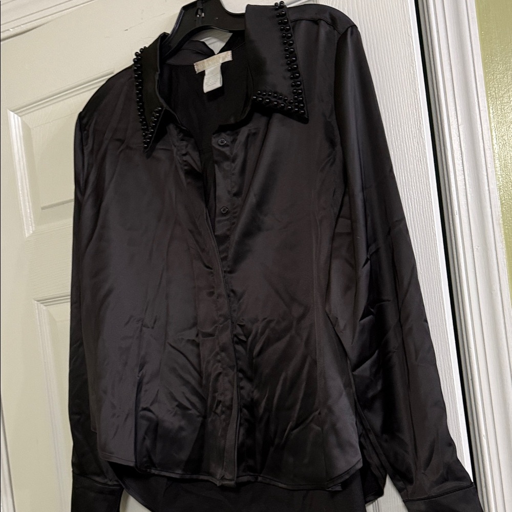 Fashion Nova Black Satin Studded Shirt- Great shirt for the holidays!
